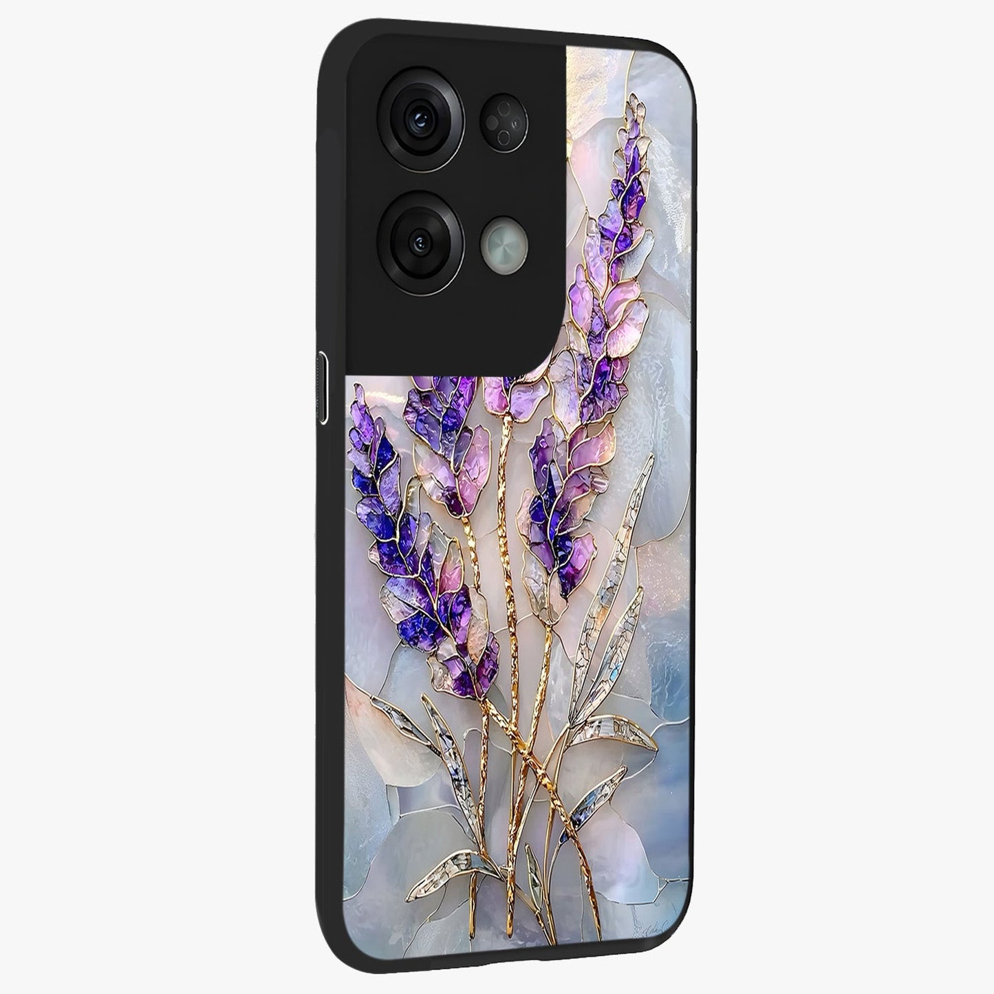 Lavender Dream Glow Glass Case upright view showcasing radiant lavender glow artwork with calming dreamy theme.