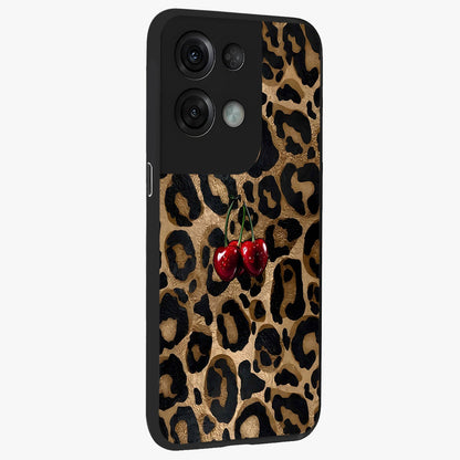 Leopard Wild Cherry Glass Case upright view showcasing stylish leopard pattern artwork with trendy fashion theme.
