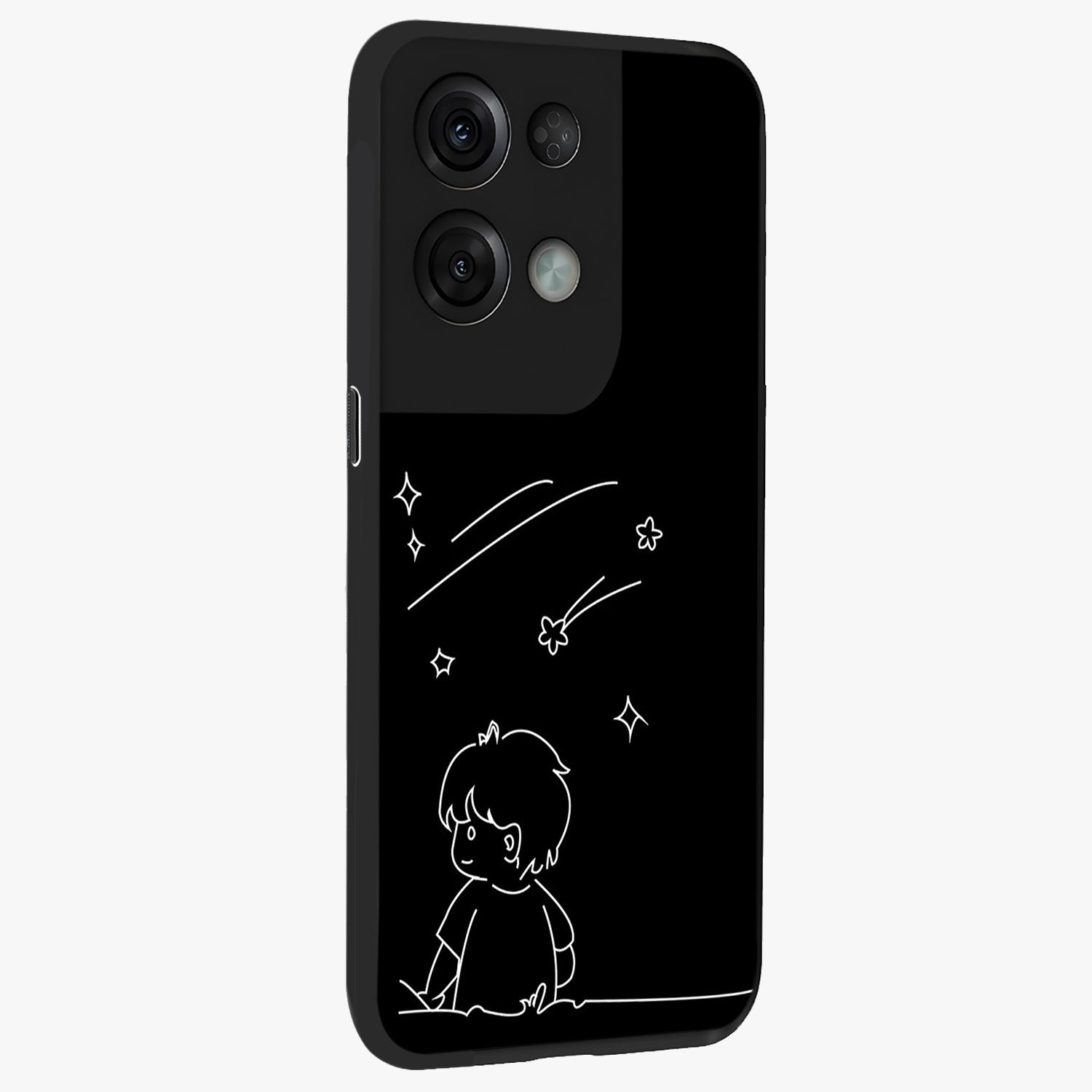 Line Art Boy With Shooting Stars Glass Case upright view showcasing artistic shooting star illustration with minimal style.