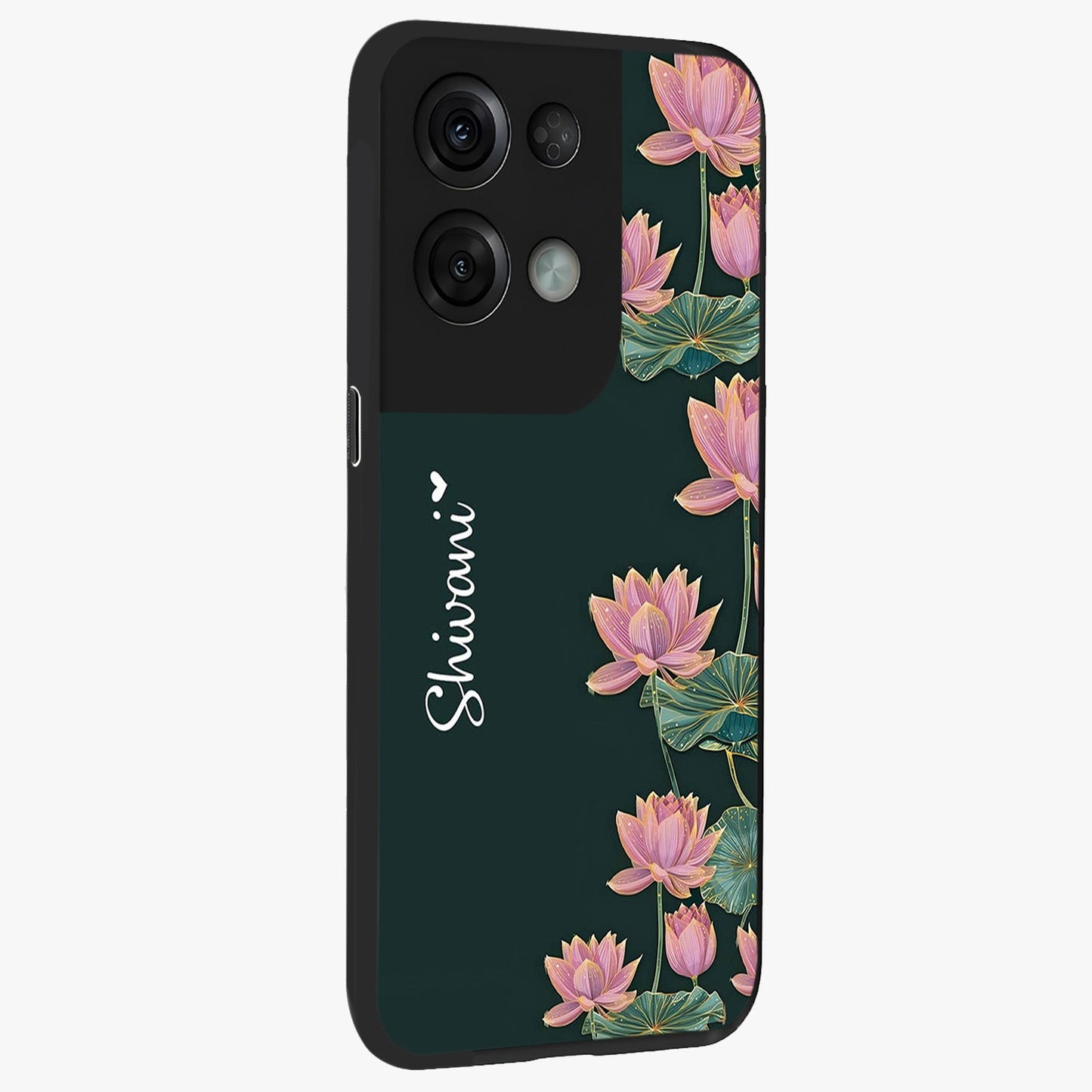 Lotus Bloom Serenity Custom Name Glass Case upright view showcasing serene lotus bloom artwork with personalized floral aesthetic.