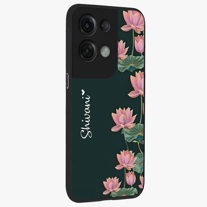 Lotus Bloom Serenity Custom Name Glass Case upright view showcasing serene lotus bloom artwork with personalized floral aesthetic.