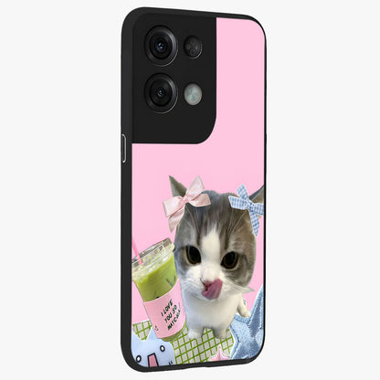 Love Matcha Cat Glass Case upright view showcasing adorable cat artwork with charming matcha themed design.