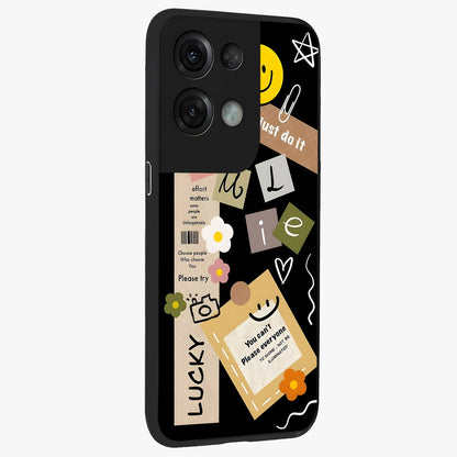 Lucky Aesthetic Collage Glass Case upright view showcasing vibrant collage artwork with youthful aesthetic theme.