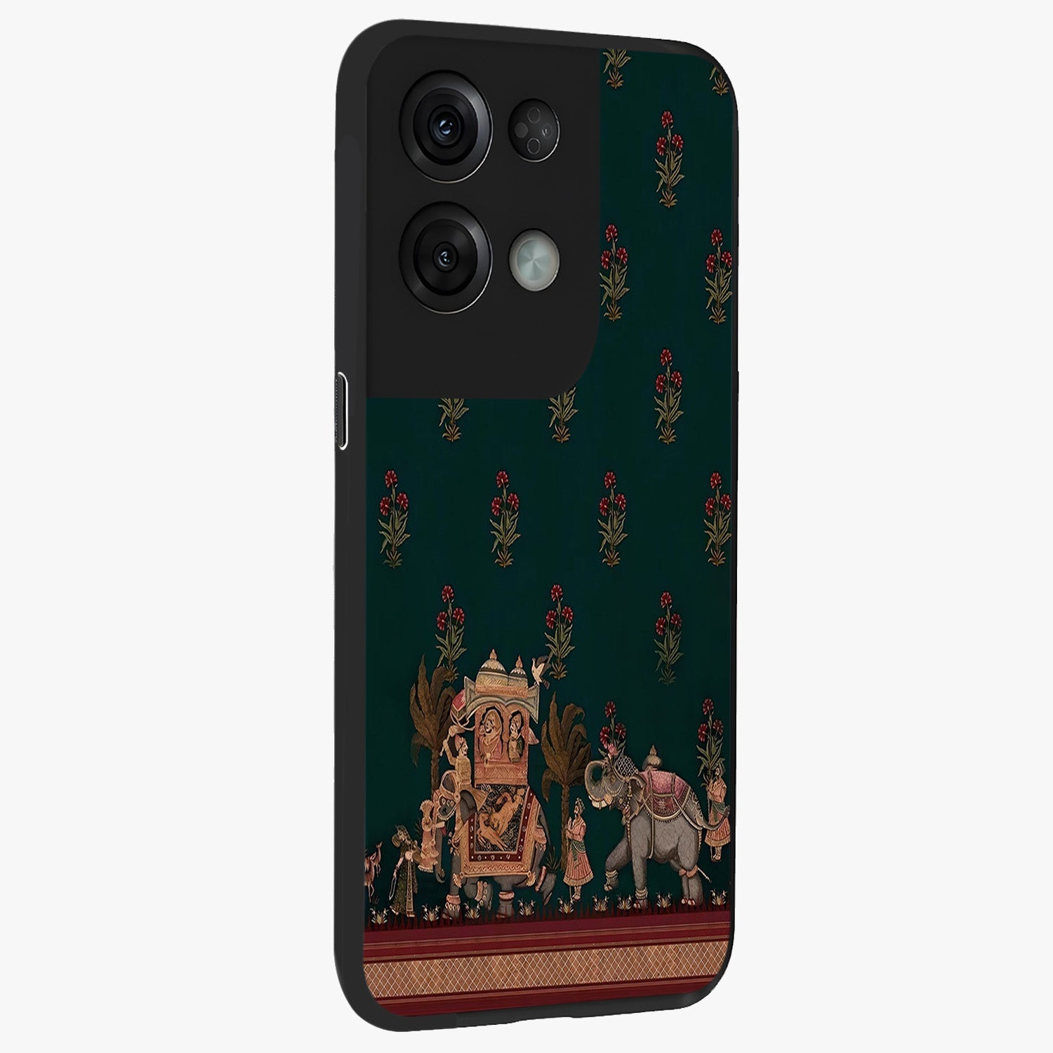 Macmerise Glass Case upright view showcasing bold artistic artwork with contemporary design theme.
