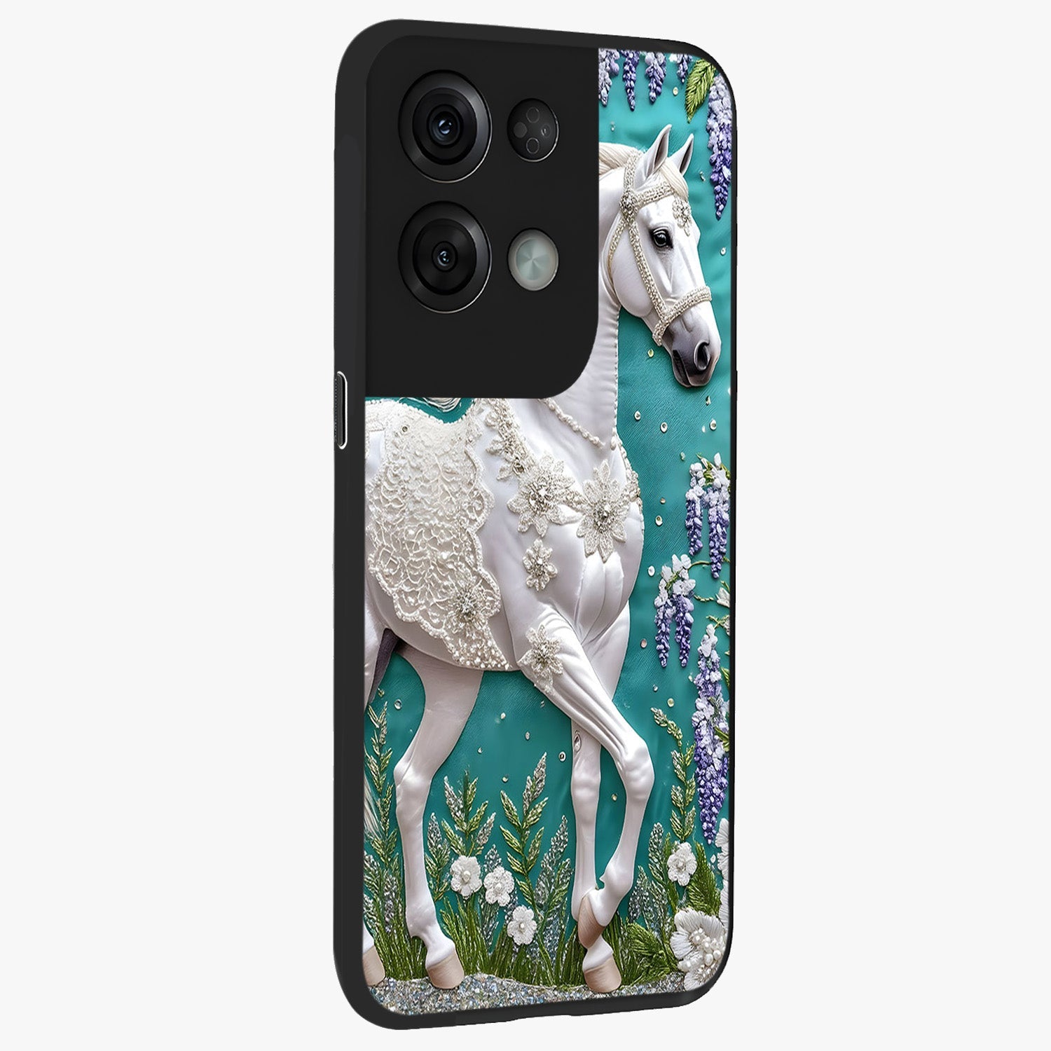 Majestic Floral Stallion Glass Case upright view showcasing dramatic horse artwork with decorative floral theme.