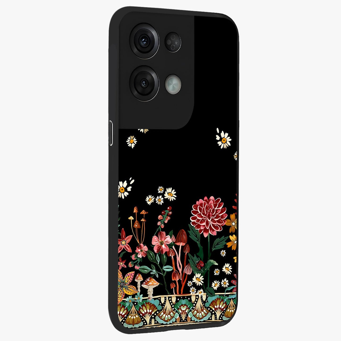 Midnight Bloom Pattern Glass Case upright view showcasing decorative floral artwork with deep night themed palette.