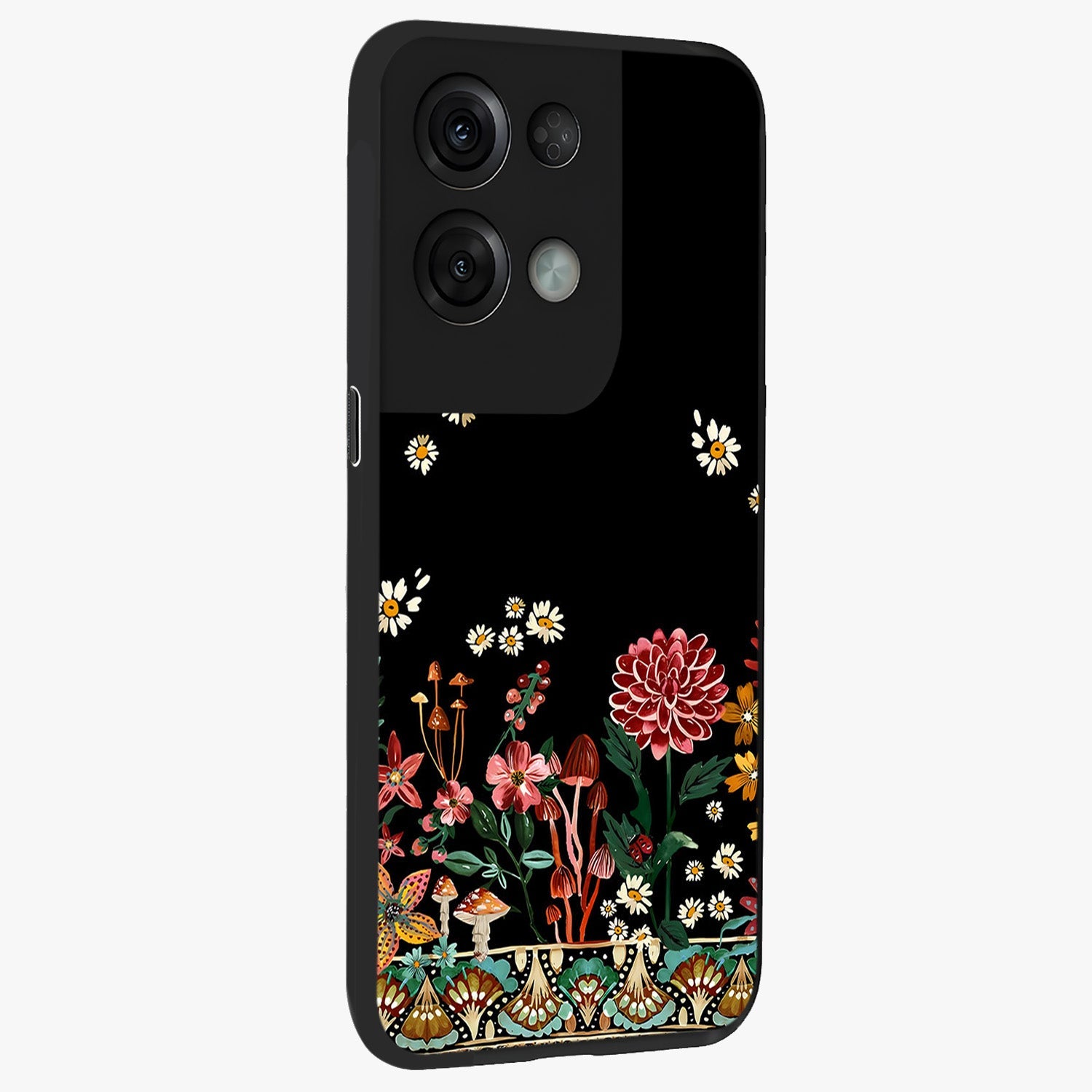 Midnight Bloom Pattern Glass Case upright view showcasing decorative floral artwork with deep night themed palette.