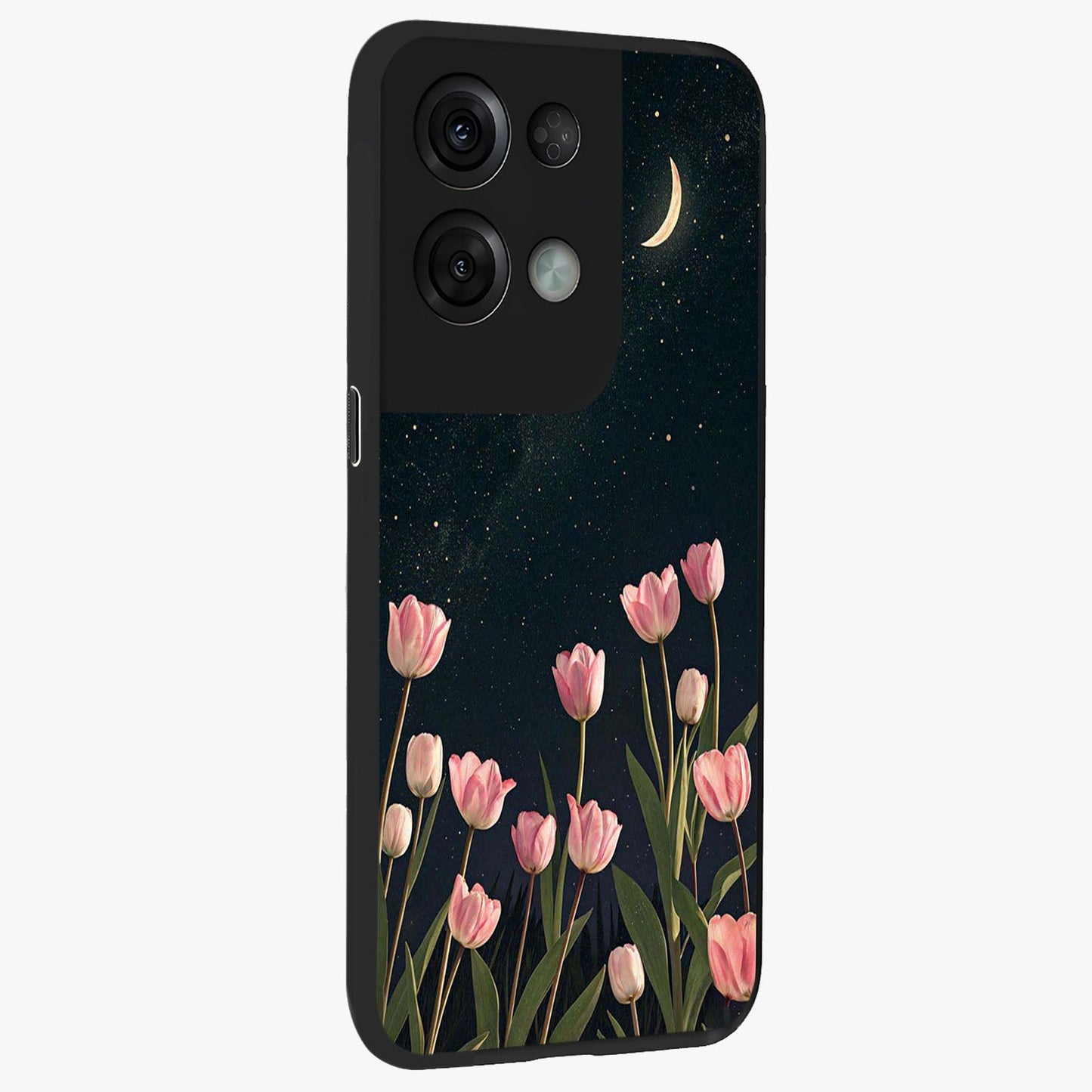Midnight Tulip Whispers Vibe Glass Case upright view showcasing graceful tulip artwork with calm botanical theme.