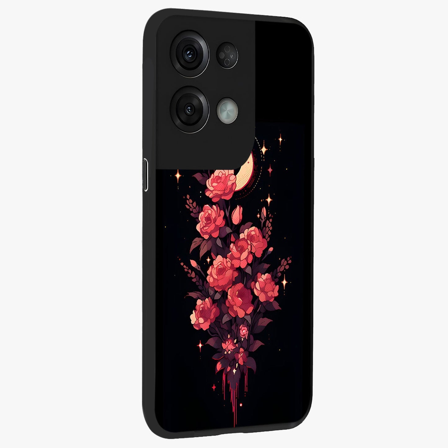 Moonlit Floral Elegance Glass Case upright view showcasing delicate floral artwork with refined night inspired theme.