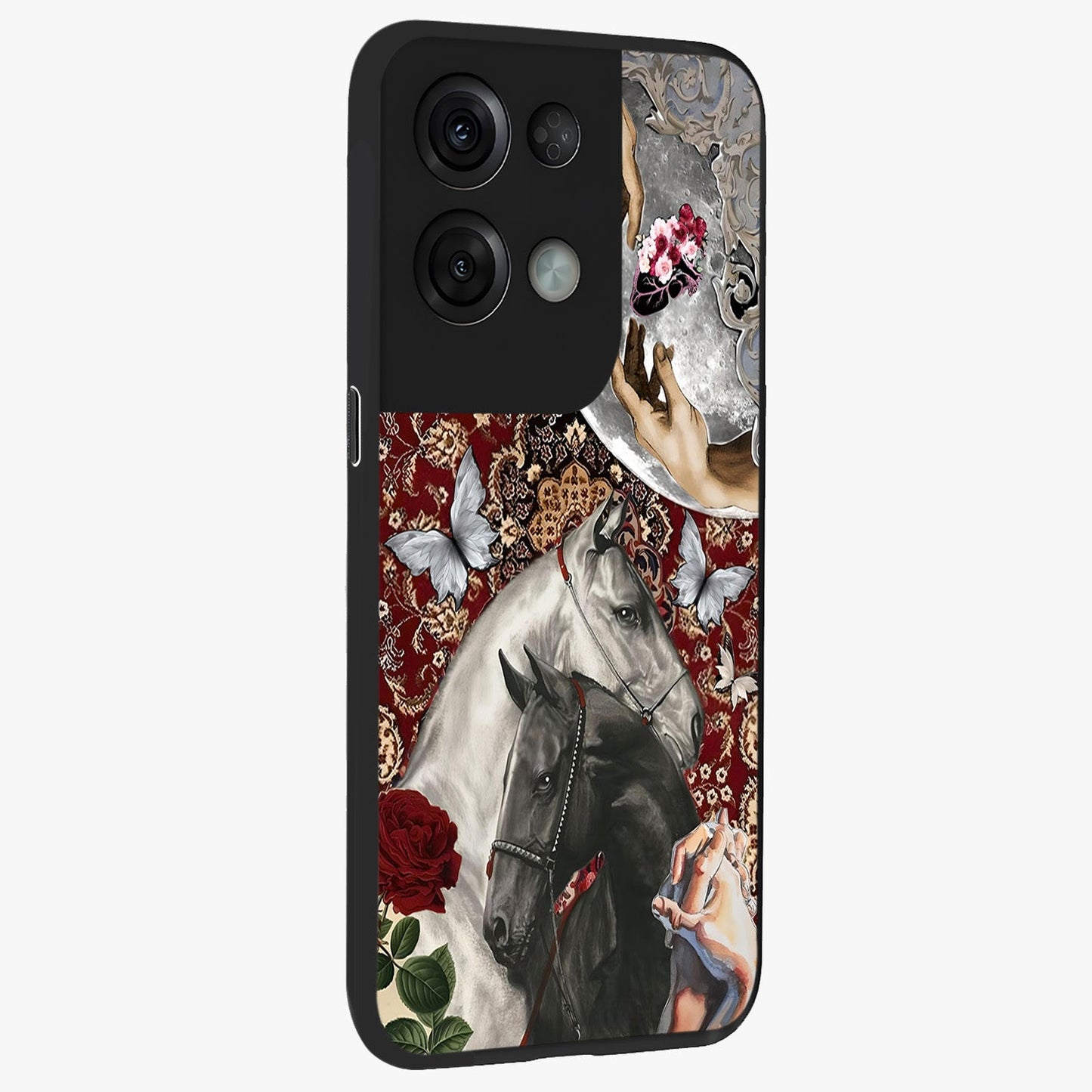 Moonlit Royal Stallion Glass Case upright view showcasing dramatic horse artwork with glowing moon themed design.