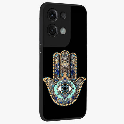 Mystic Hamsa Eye Glass Case upright view showcasing detailed hamsa eye artwork with protective spiritual theme.