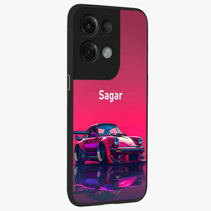 Neon Pink Porsche Glass Case upright view showcasing vibrant sports car artwork with bold automotive theme.