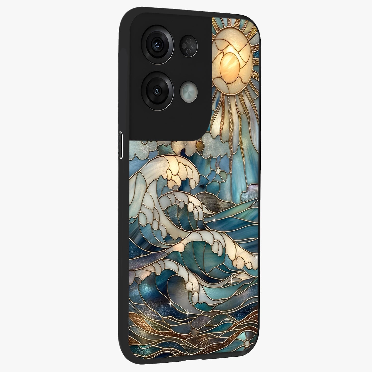 Oceanic Stained Printed Glass Case upright view showcasing decorative ocean pattern artwork with vibrant marine theme.