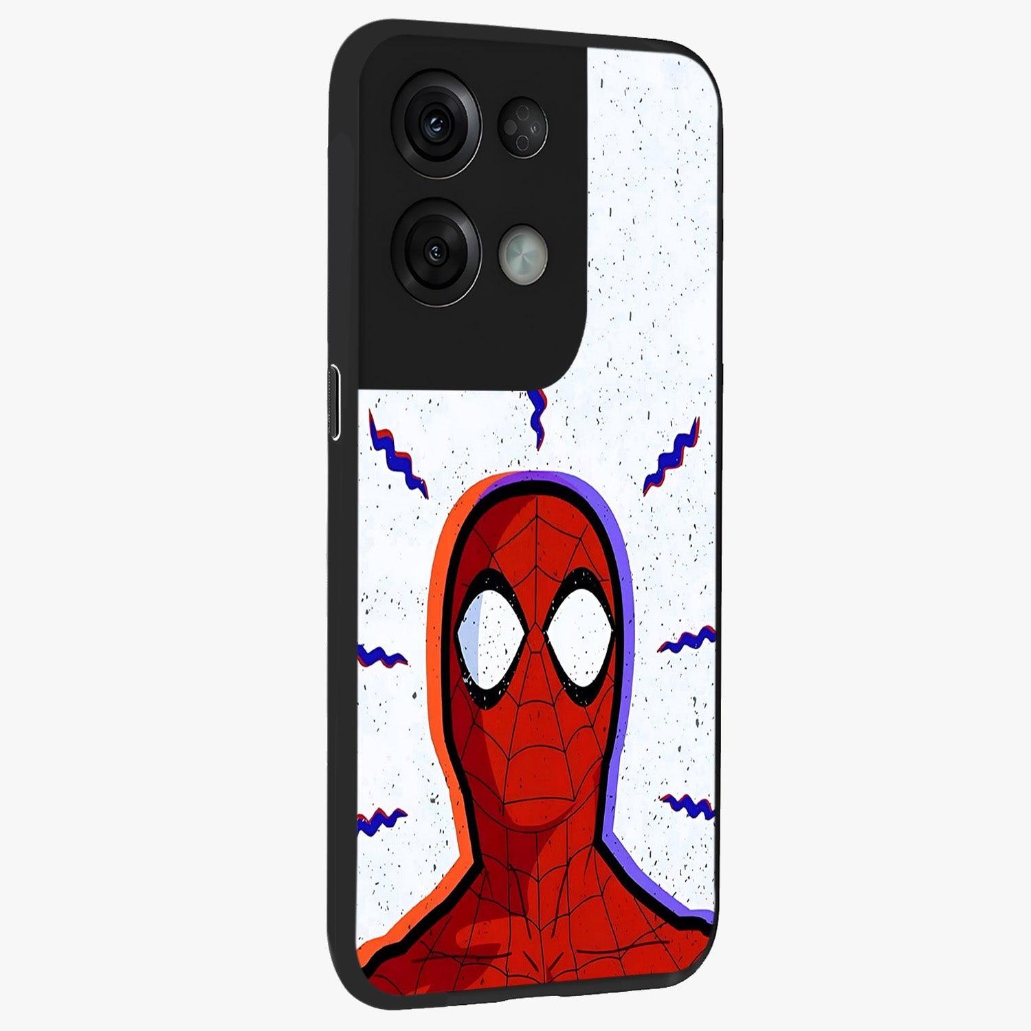 Omg Spiderman Glass Case upright view showcasing energetic superhero artwork with vibrant comic theme.