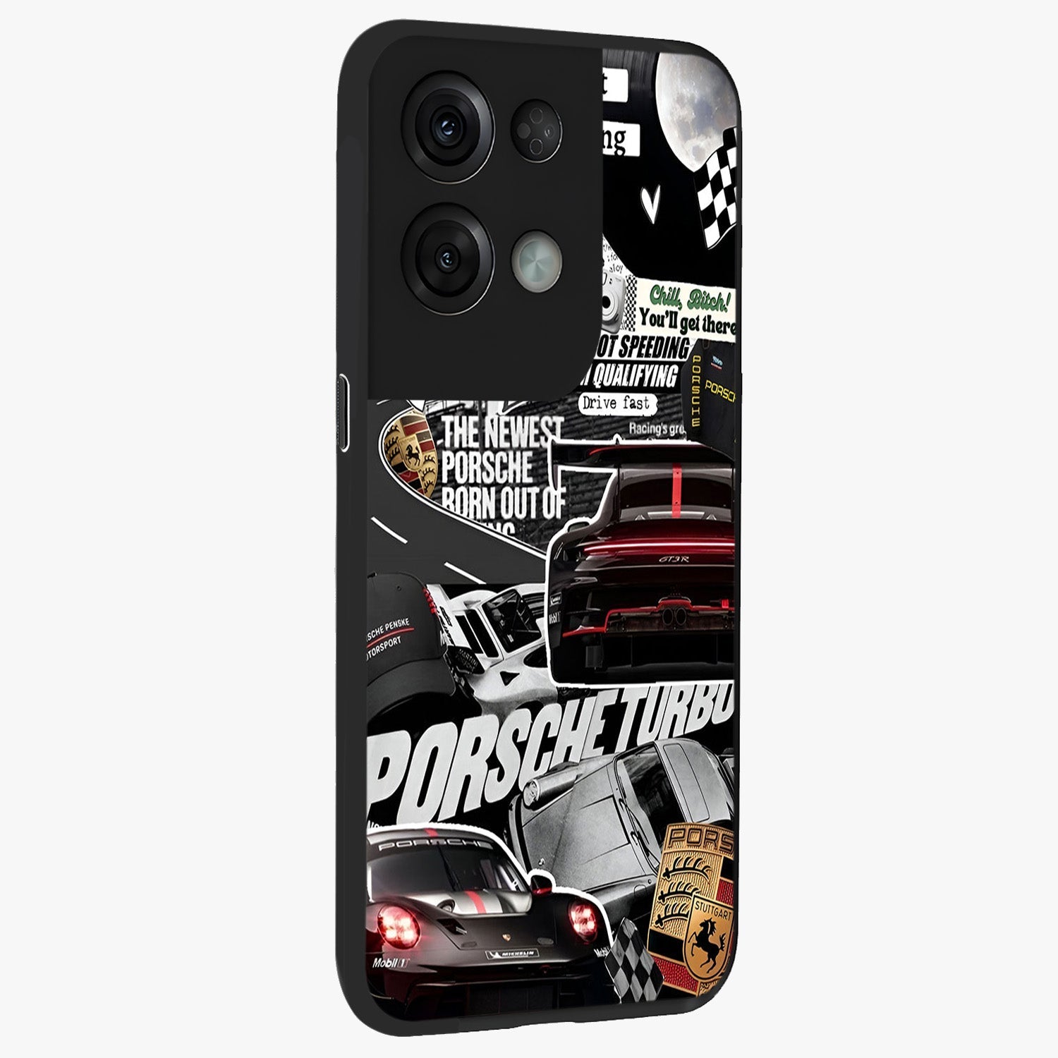 Porsche Racing Collage Glass Case upright view showcasing energetic car collage artwork with high speed racing theme.