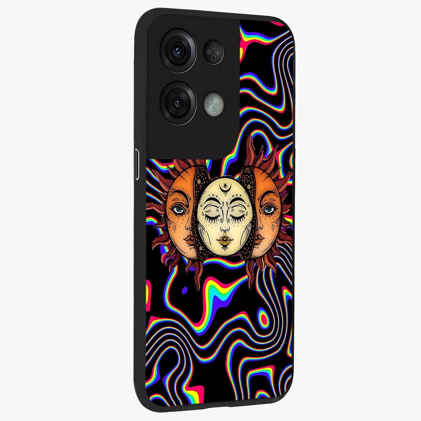 Psychedelic Sun Glass Case upright view showcasing trippy sun artwork with bold psychedelic theme.