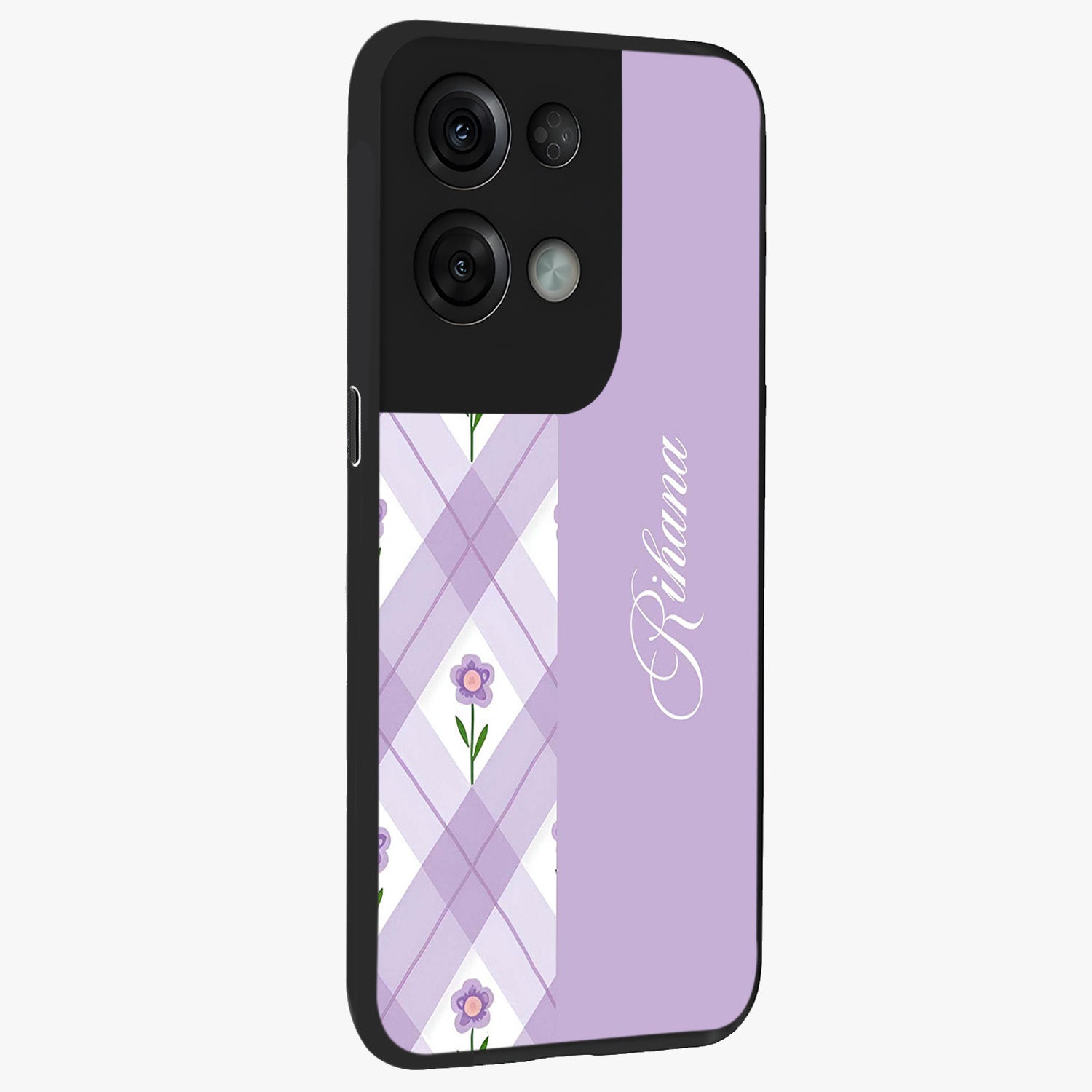 Purple Diamond Floral Glass Case upright view showcasing vibrant floral artwork with stylish geometric theme.
