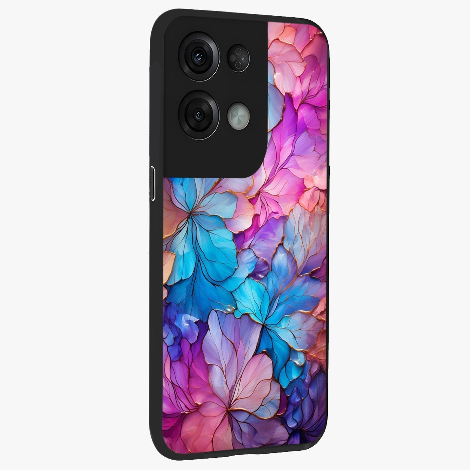 Radiant Floral Whirl Glass Case upright view showcasing lively floral artwork with decorative swirl theme.