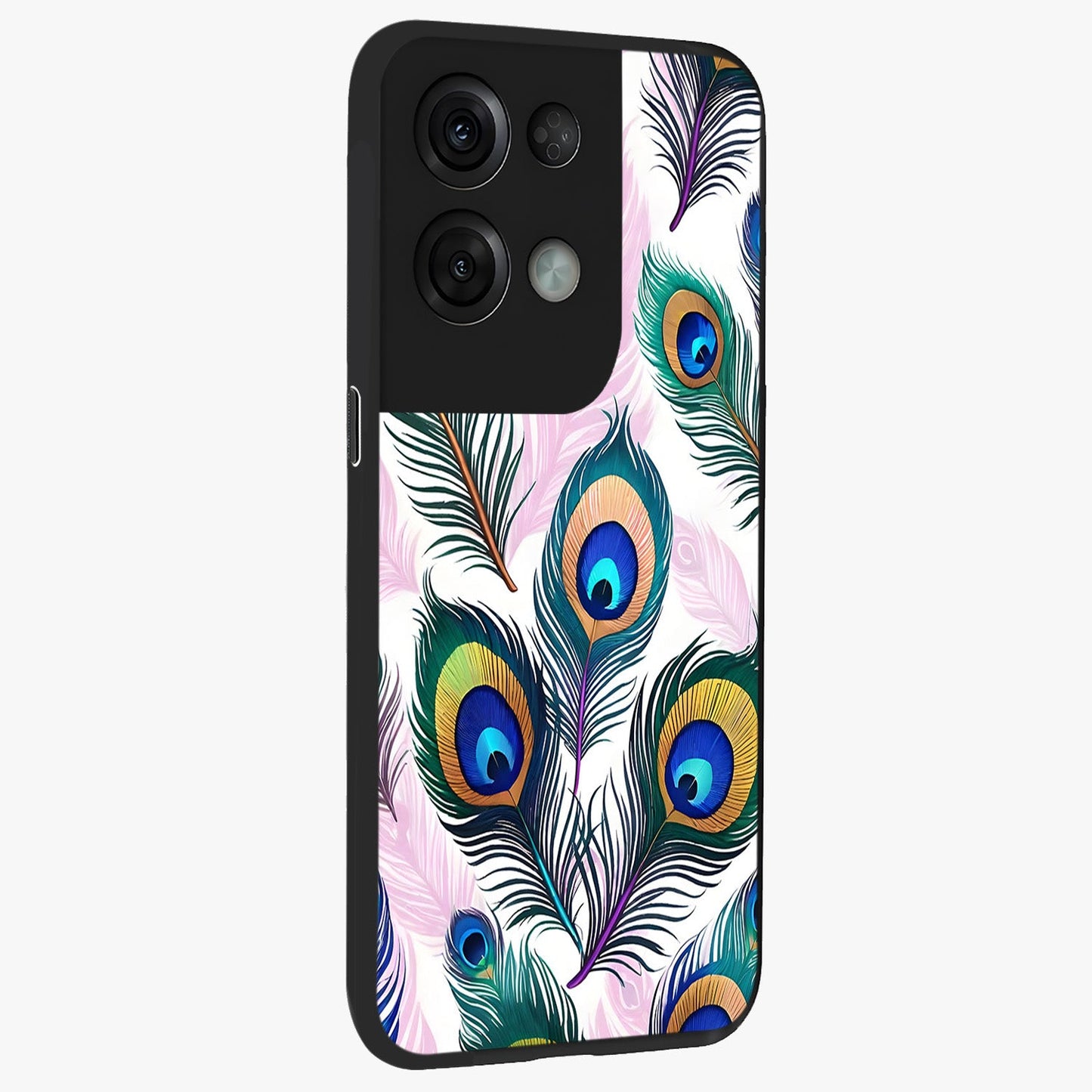 Royal Peacock Feathers Glass Case upright view showcasing elegant peacock feather artwork with decorative royal theme.