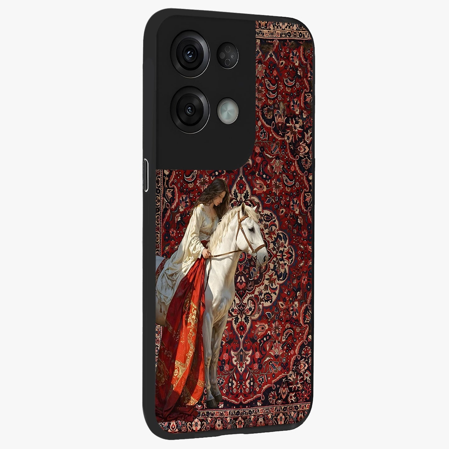 Royal Rider Tapestry Glass Case upright view showcasing detailed rider artwork with classic tapestry theme.