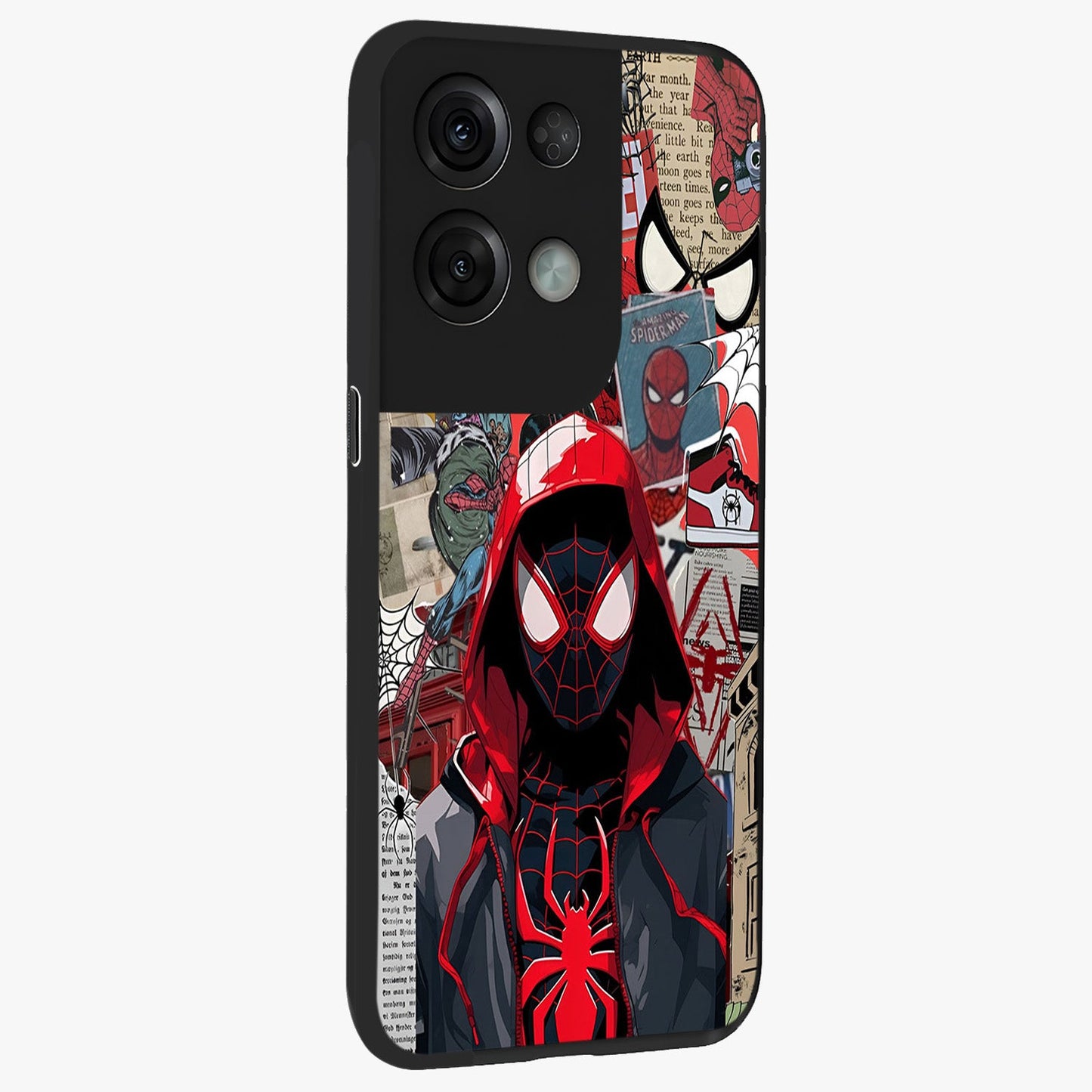 Spider Collage Street Glass Case upright view showcasing bold superhero artwork with urban street theme.