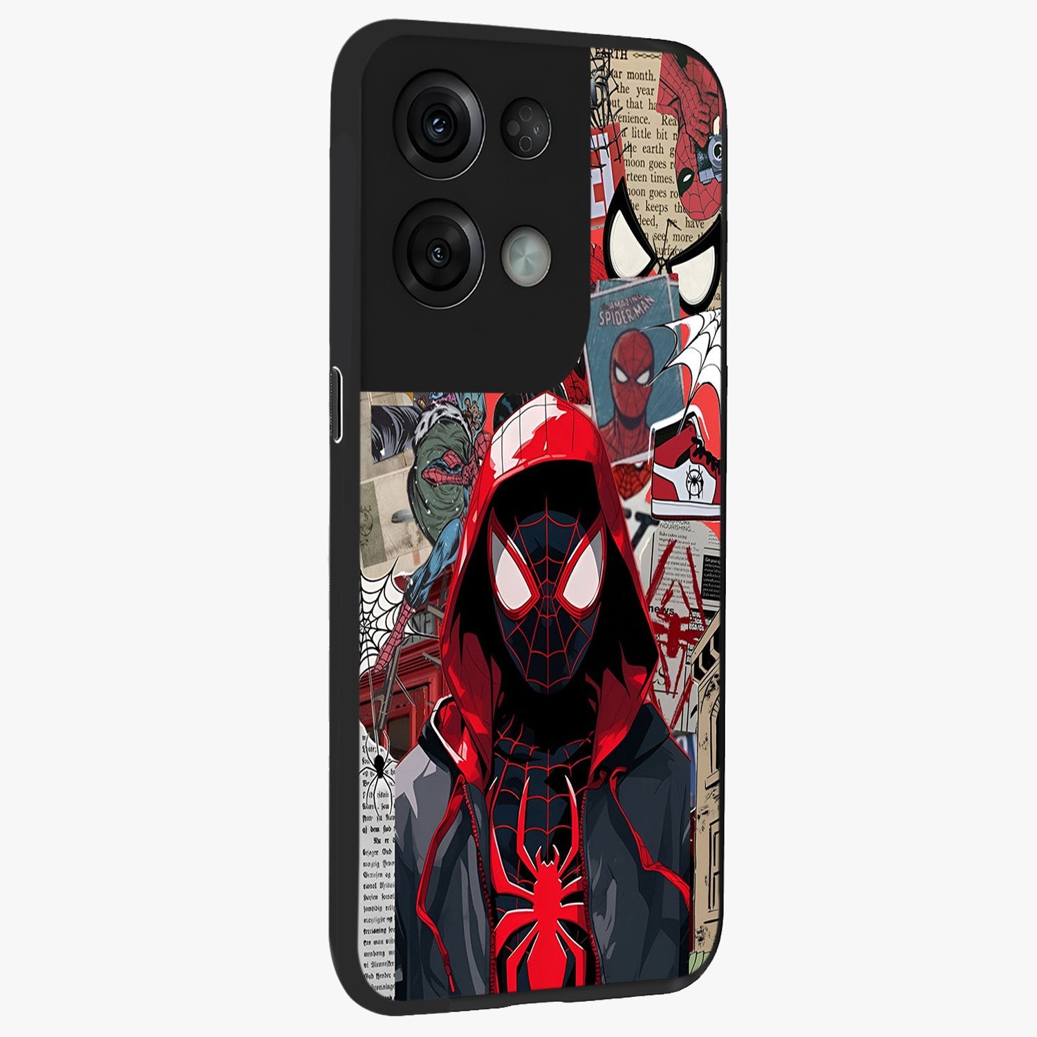 Spider Collage Street Glass Case upright view showcasing bold superhero artwork with urban street theme.
