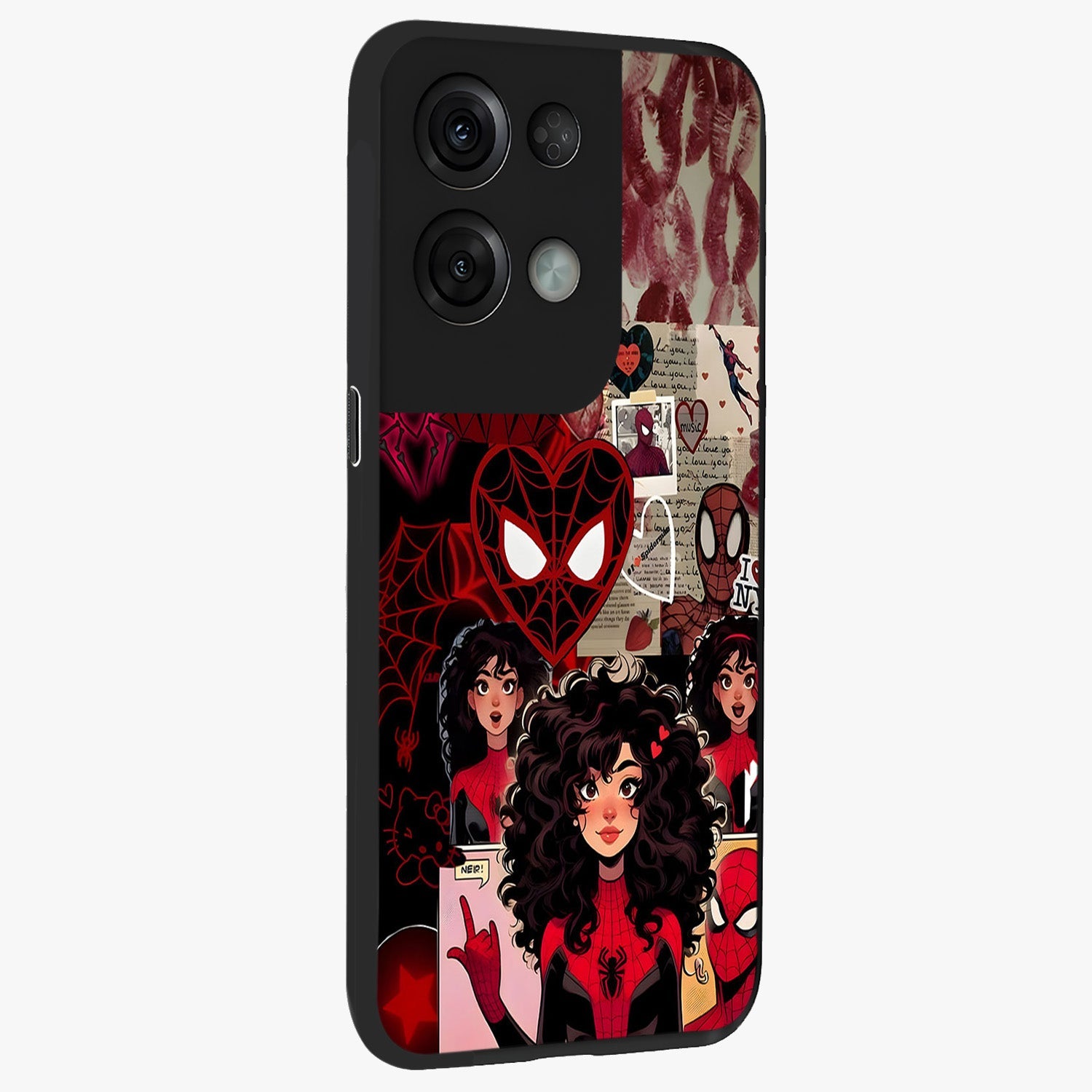 Spider Love Story Glass Case upright view showcasing charming superhero artwork with romantic comic theme.