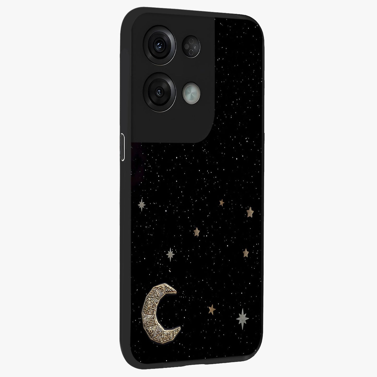 Twinkle Star With Half Moon Glass Case upright view showcasing glowing cosmic artwork with dreamy night theme.