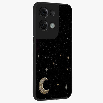 Twinkle Star With Half Moon Glass Case upright view showcasing glowing cosmic artwork with dreamy night theme.