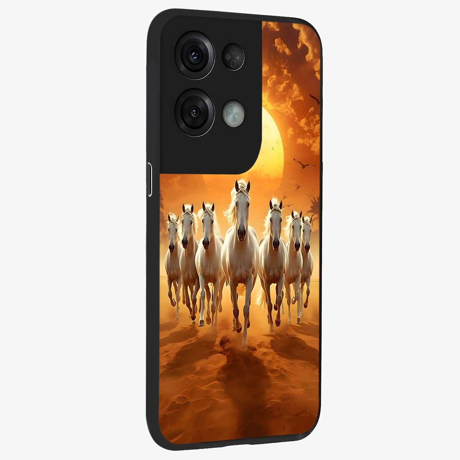 Wild Sunset Majesty Glass Case upright view showcasing dramatic sunset artwork with bold nature theme.