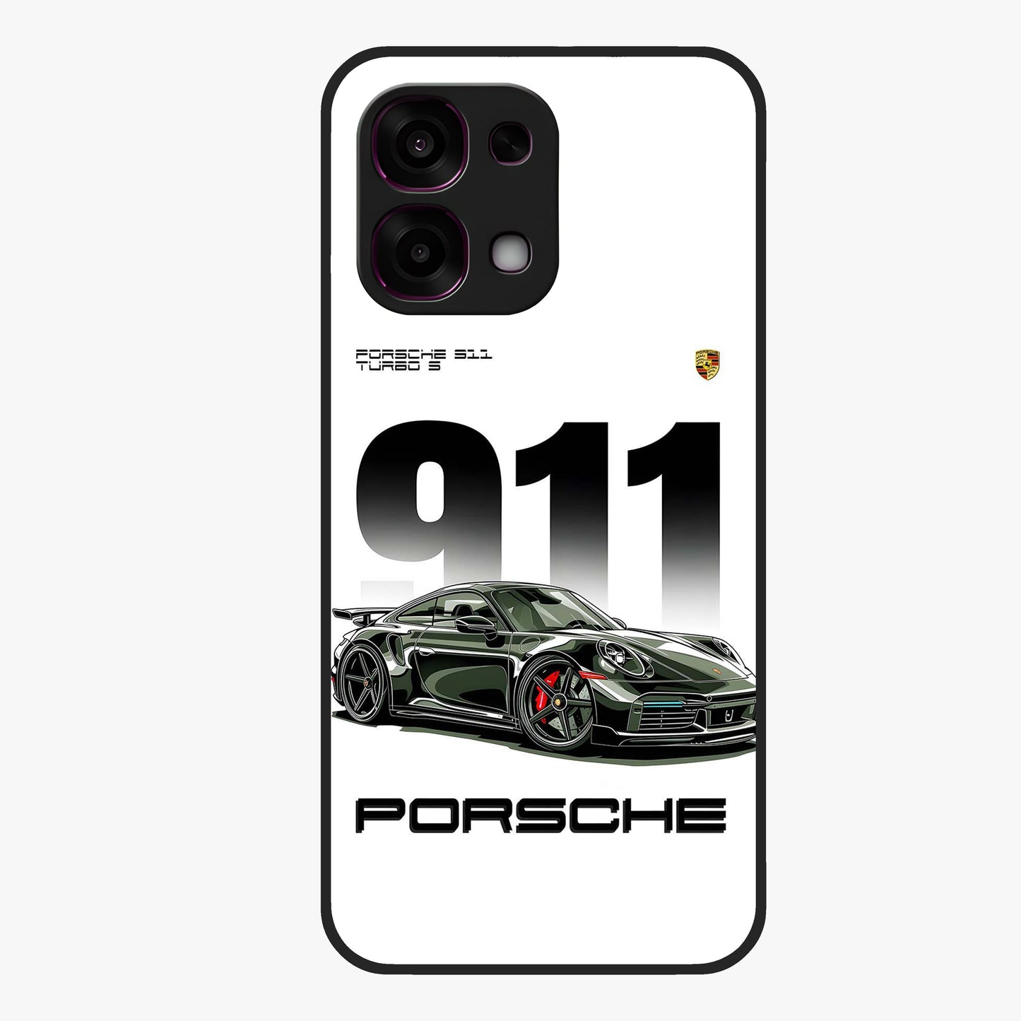 911 Turbo Dominance Glass Case showing clean flat back view with bold 911 sports car artwork and glossy glass finish.