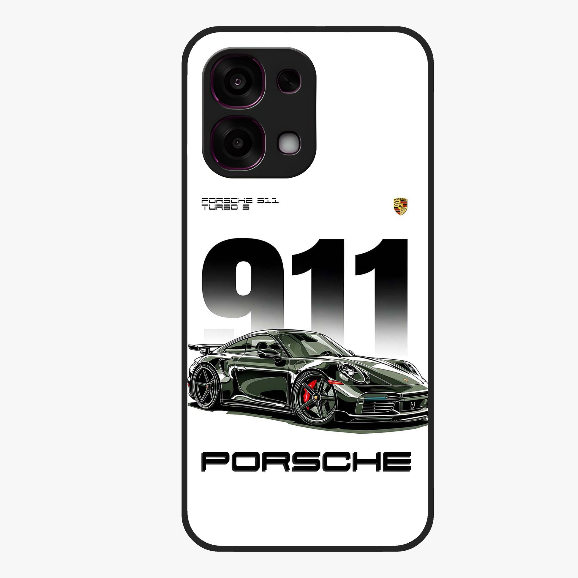 911 Turbo Dominance Glass Case showing clean flat back view with bold 911 sports car artwork and glossy glass finish.