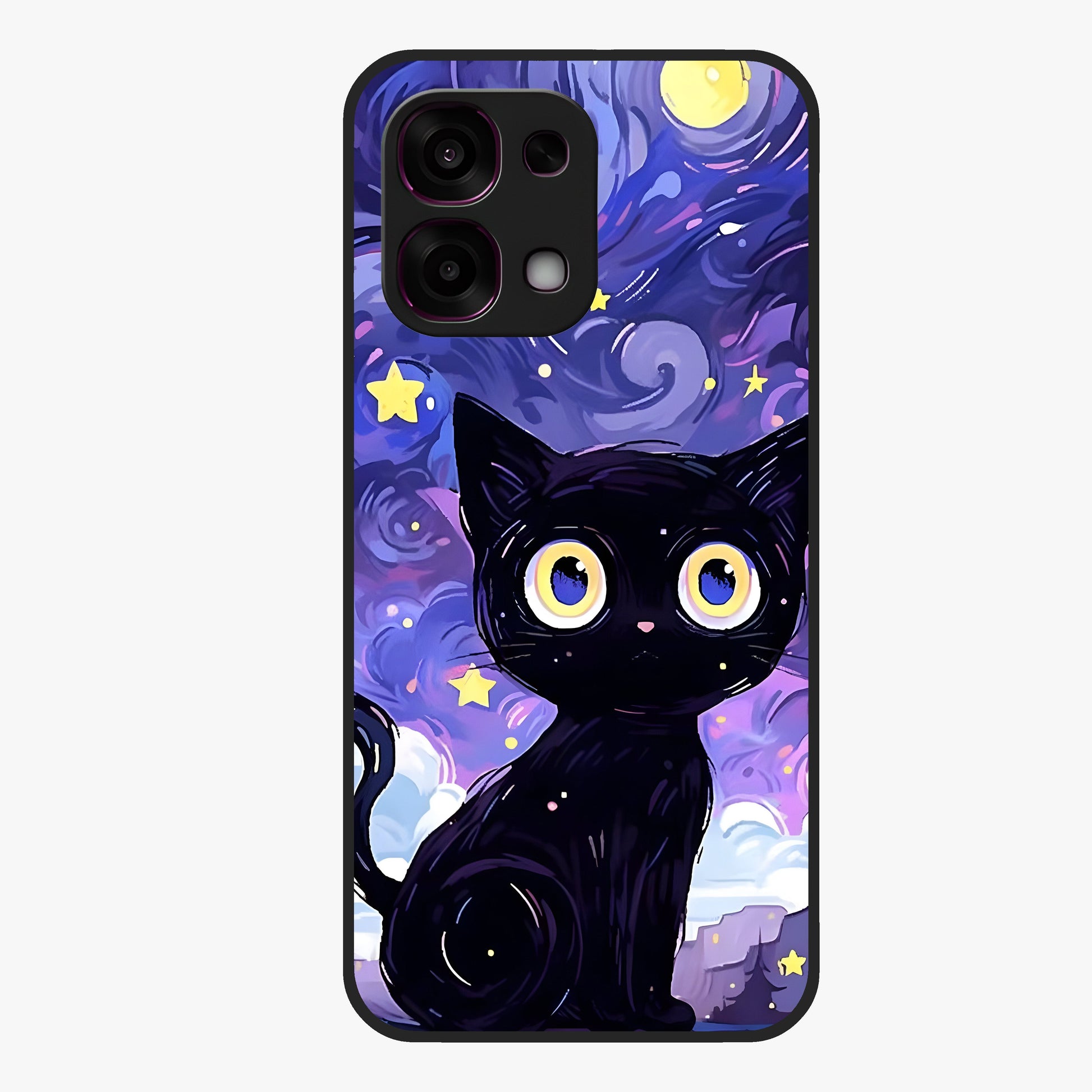 Abstract Cat Art Glass Case showing flat back view with artistic cat illustration and glossy glass finish.