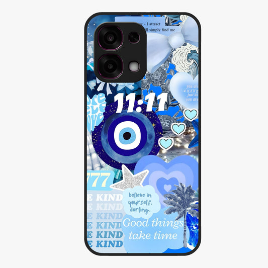 Aesthetic Be Kind Eye Glass Case showing flat back view with motivational eye artwork and glossy glass finish.