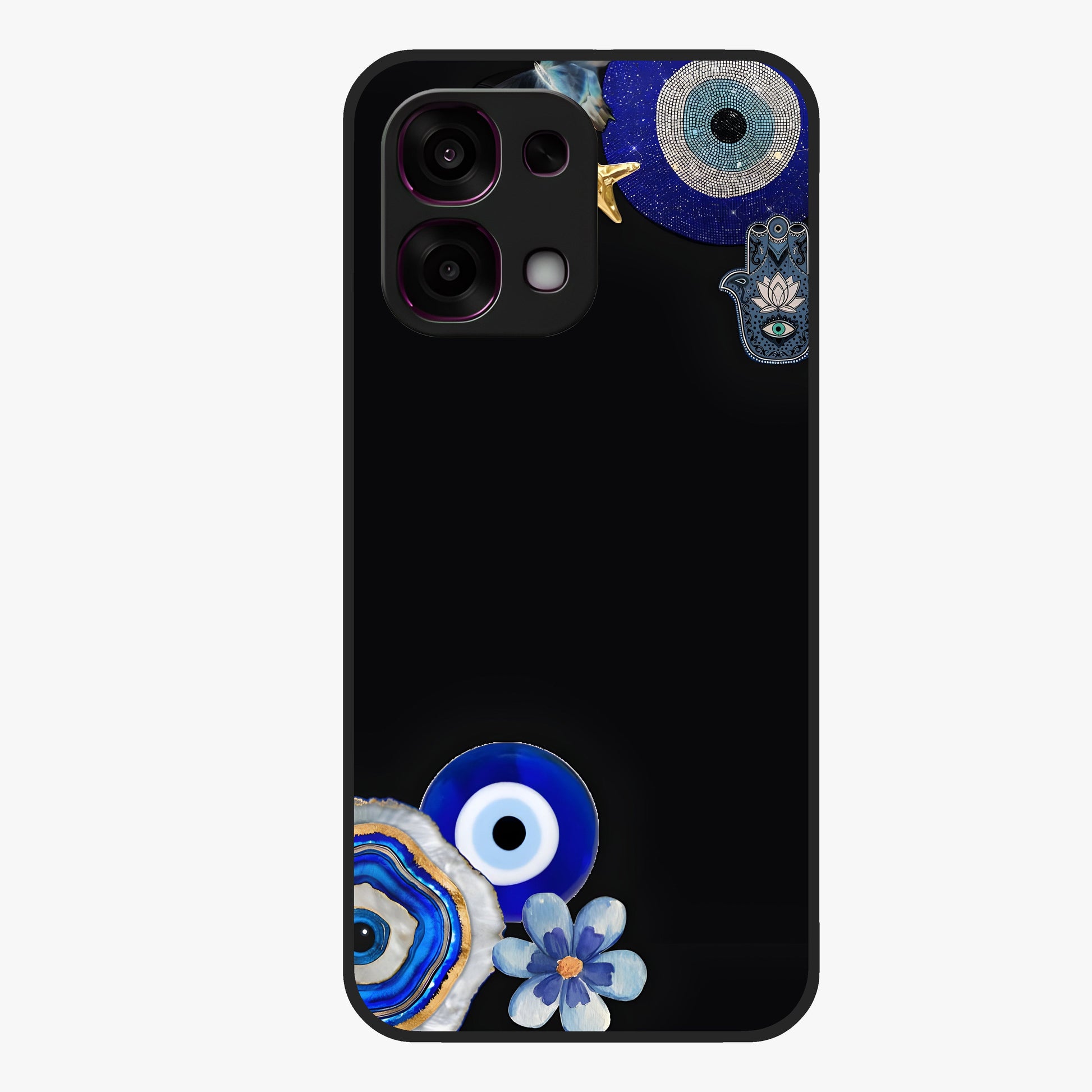Aesthetic Blue Evil Eye Glass Case showing flat back view with protective evil eye artwork and glossy glass finish.