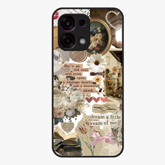 Aesthetic Brown Vintage Collage Glass Case showing flat back view with retro collage artwork and glossy glass finish.