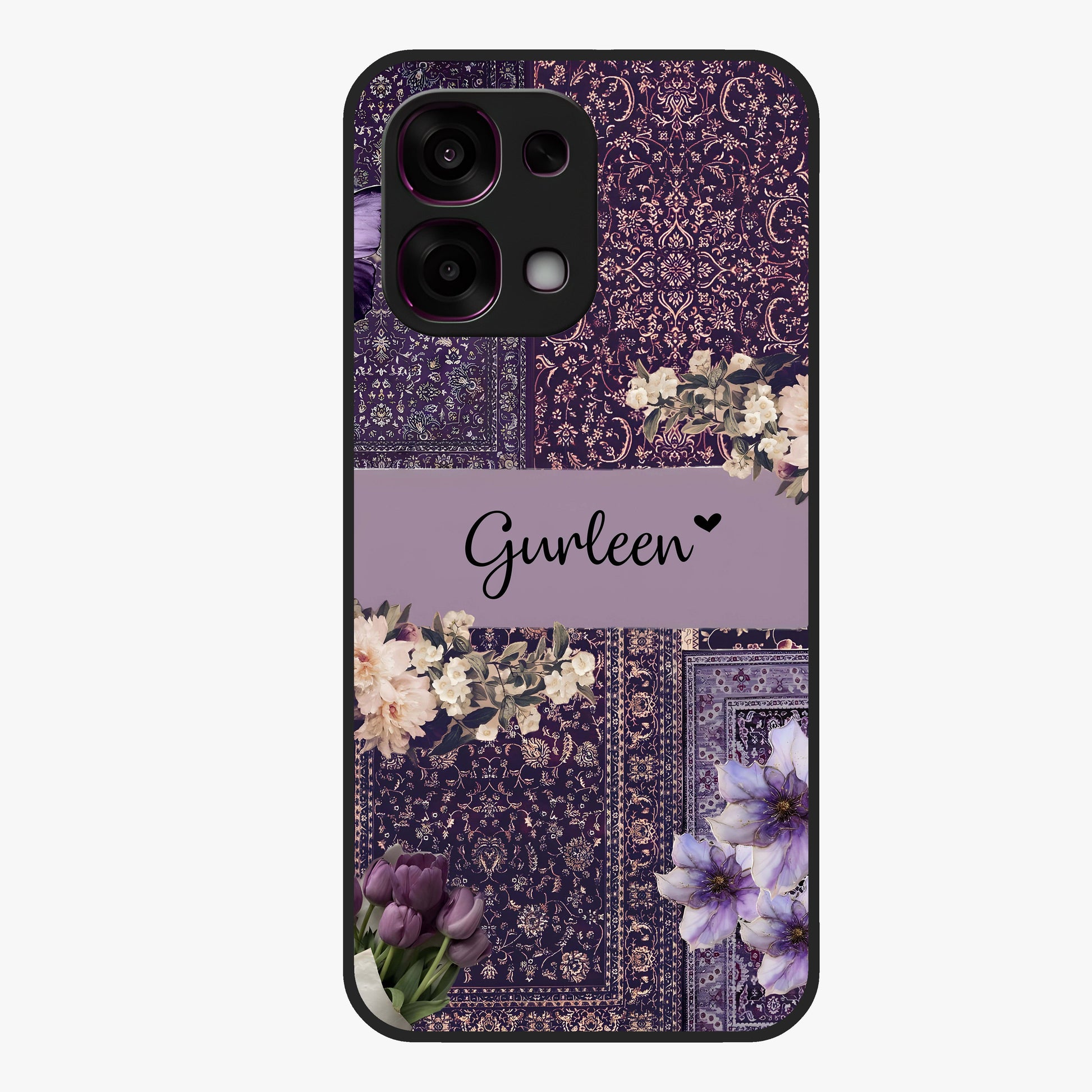 Antique Floral Whisper Custom Name Glass Case showing flat back view with vintage floral artwork and personalized name design.