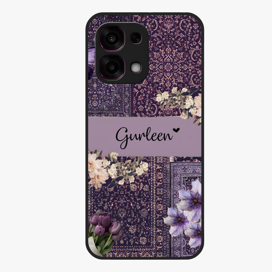 Antique Floral Whisper Custom Name Glass Case showing flat back view with vintage floral artwork and personalized name design.