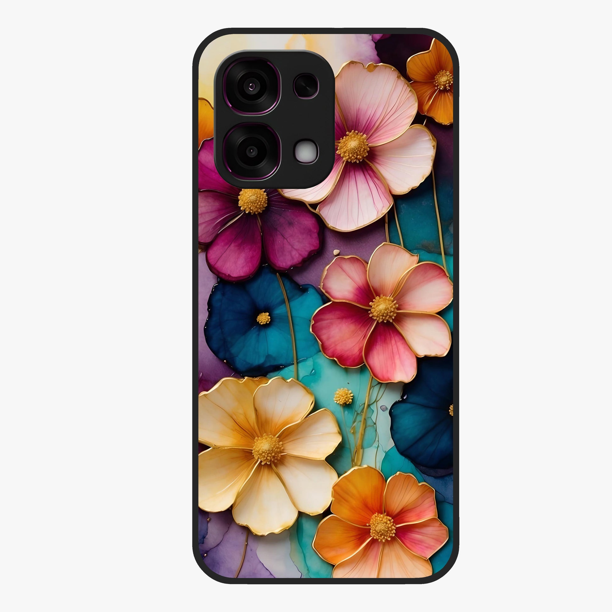 Artlyn Grace Flower Pattern Glass Case showing flat back view with elegant floral pattern artwork and glossy glass finish.