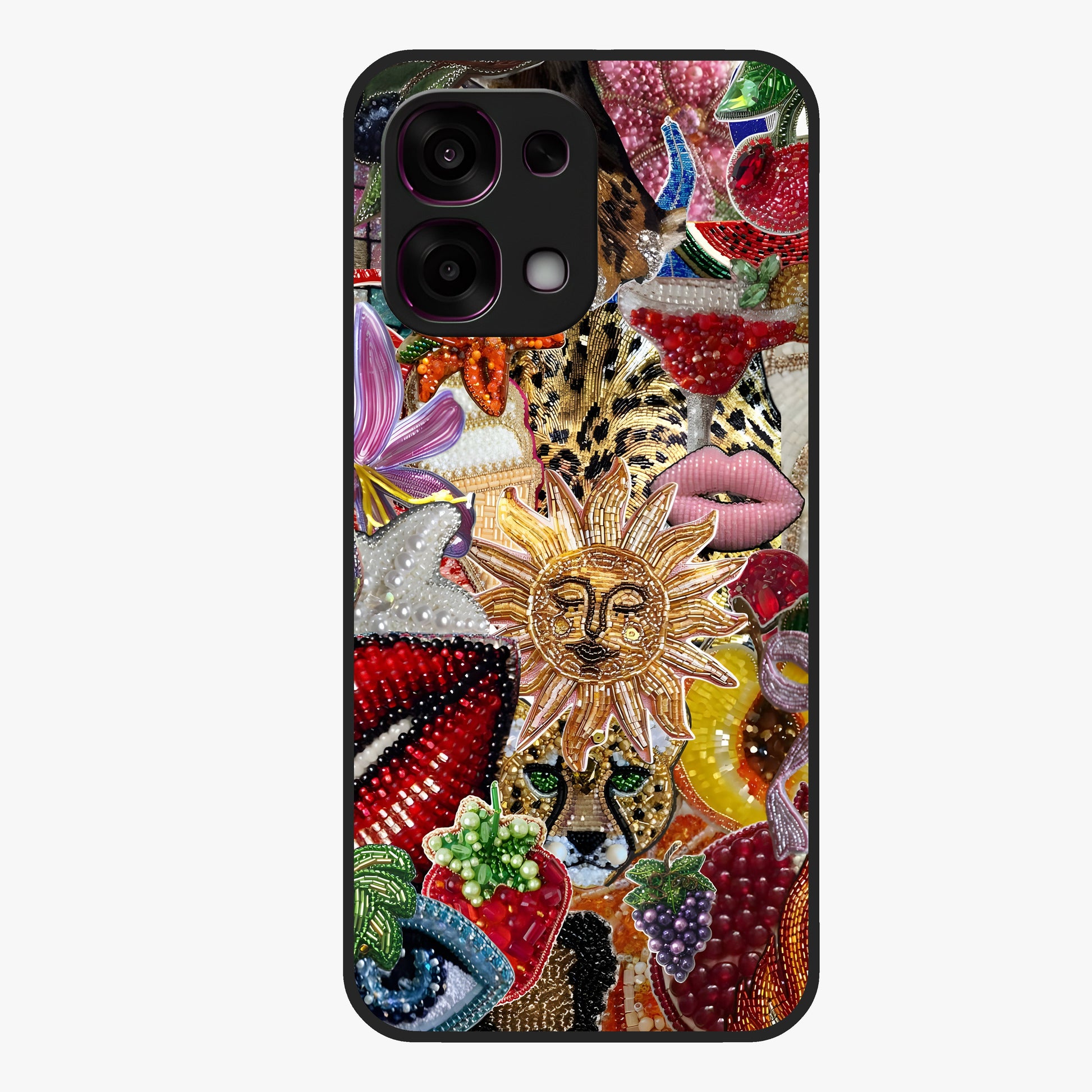 Beaded Fashion Jungle Glass Case showing flat back view with vibrant jungle inspired bead artwork and glossy glass finish.