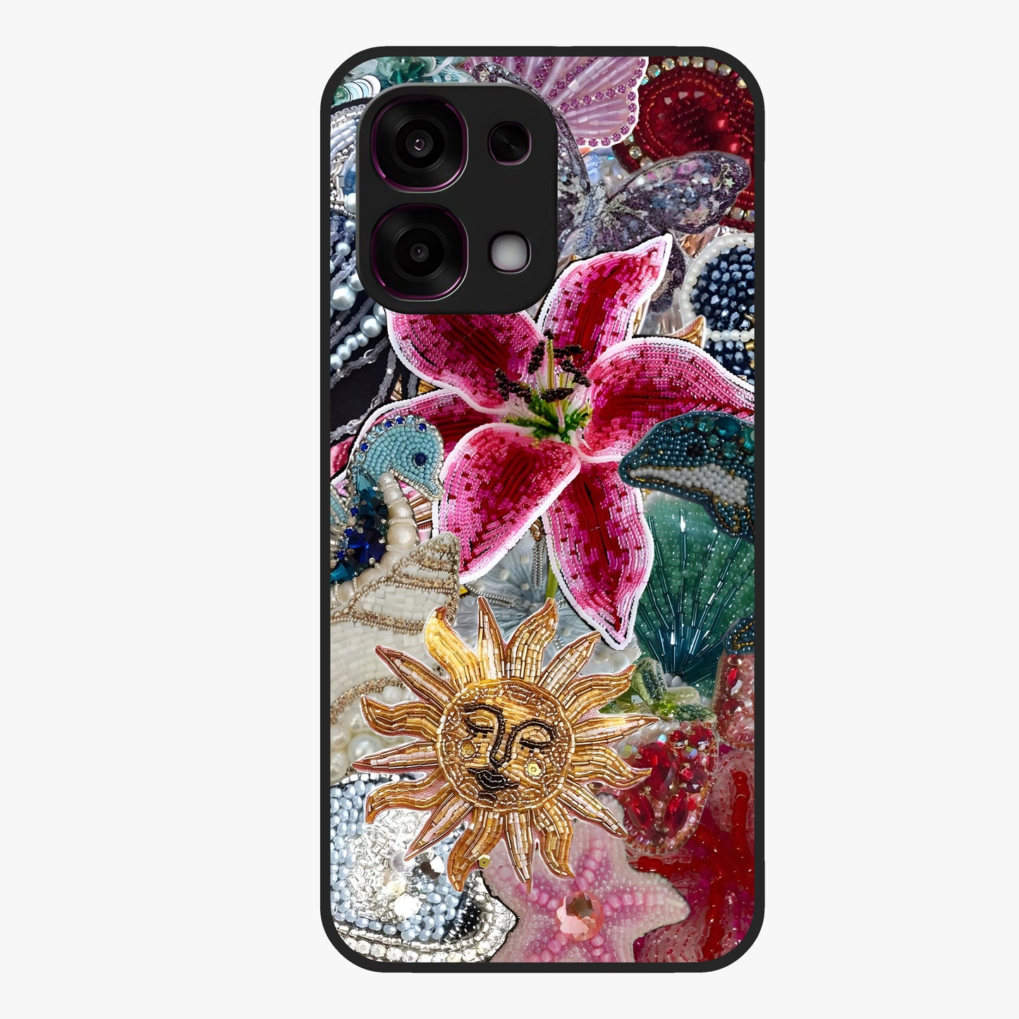 Beaded Garden Fantasy Glass Case showing flat back view with dreamy garden bead artwork and glossy glass finish.