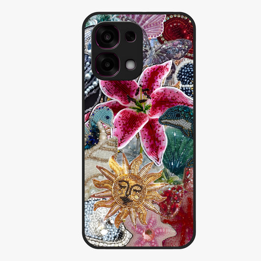 Beaded Garden Fantasy Glass Case showing flat back view with dreamy garden bead artwork and glossy glass finish.