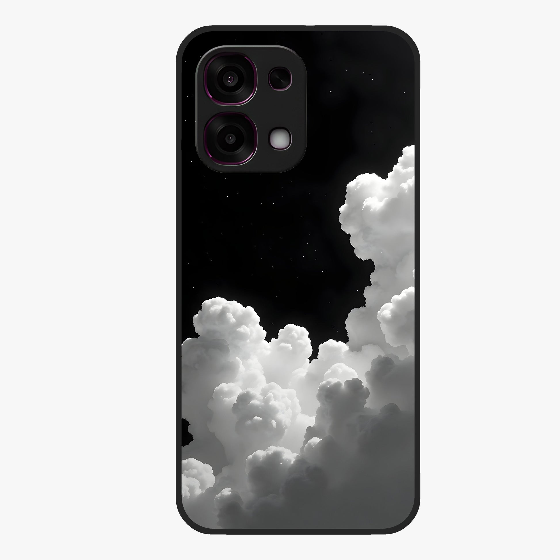 Black Background With White Cloud Glass Case showing flat back view with minimal cloud artwork on dark background and glossy glass finish.