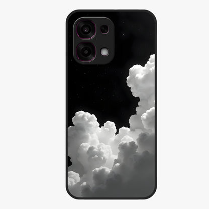 Black Background With White Cloud Glass Case showing flat back view with minimal cloud artwork on dark background and glossy glass finish.