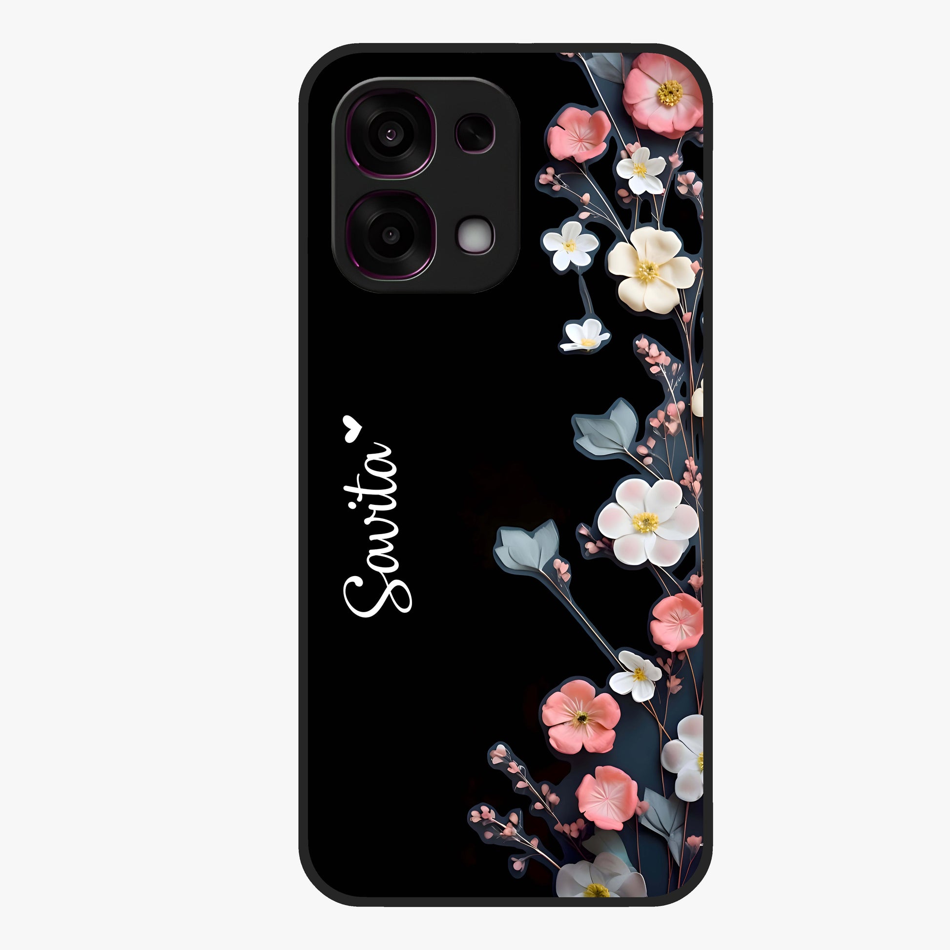 Black Elegance Floral Custom Name Glass Case showing flat back view with elegant floral artwork and personalized name design.