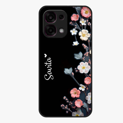 Black Elegance Floral Custom Name Glass Case showing flat back view with elegant floral artwork and personalized name design.