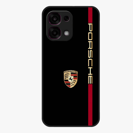 Black Minimal Porsche Glass Case showing flat back view with sleek minimal sports car artwork and glossy glass finish.