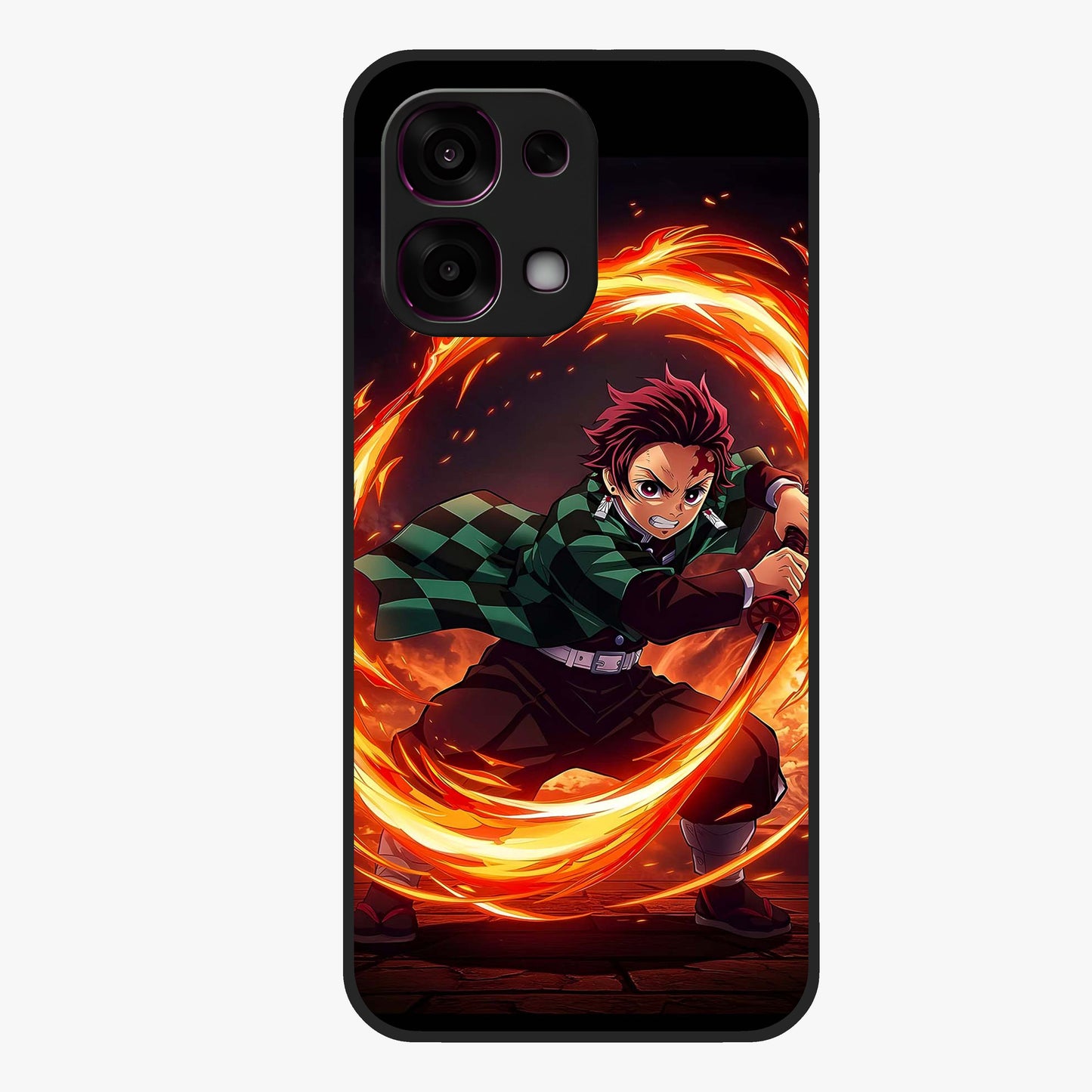Blazing Sword Resolve Glass Case showing flat back view with fiery sword artwork and glossy glass finish.