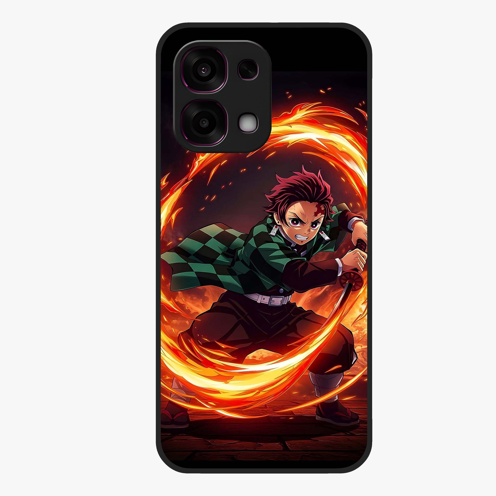 Blazing Sword Resolve Glass Case showing flat back view with fiery sword artwork and glossy glass finish.