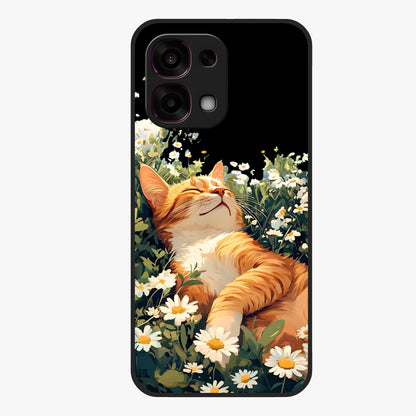 Blissful Bloom Cat Glass Case showing flat back view with cute cat and floral bloom artwork and glossy glass finish.